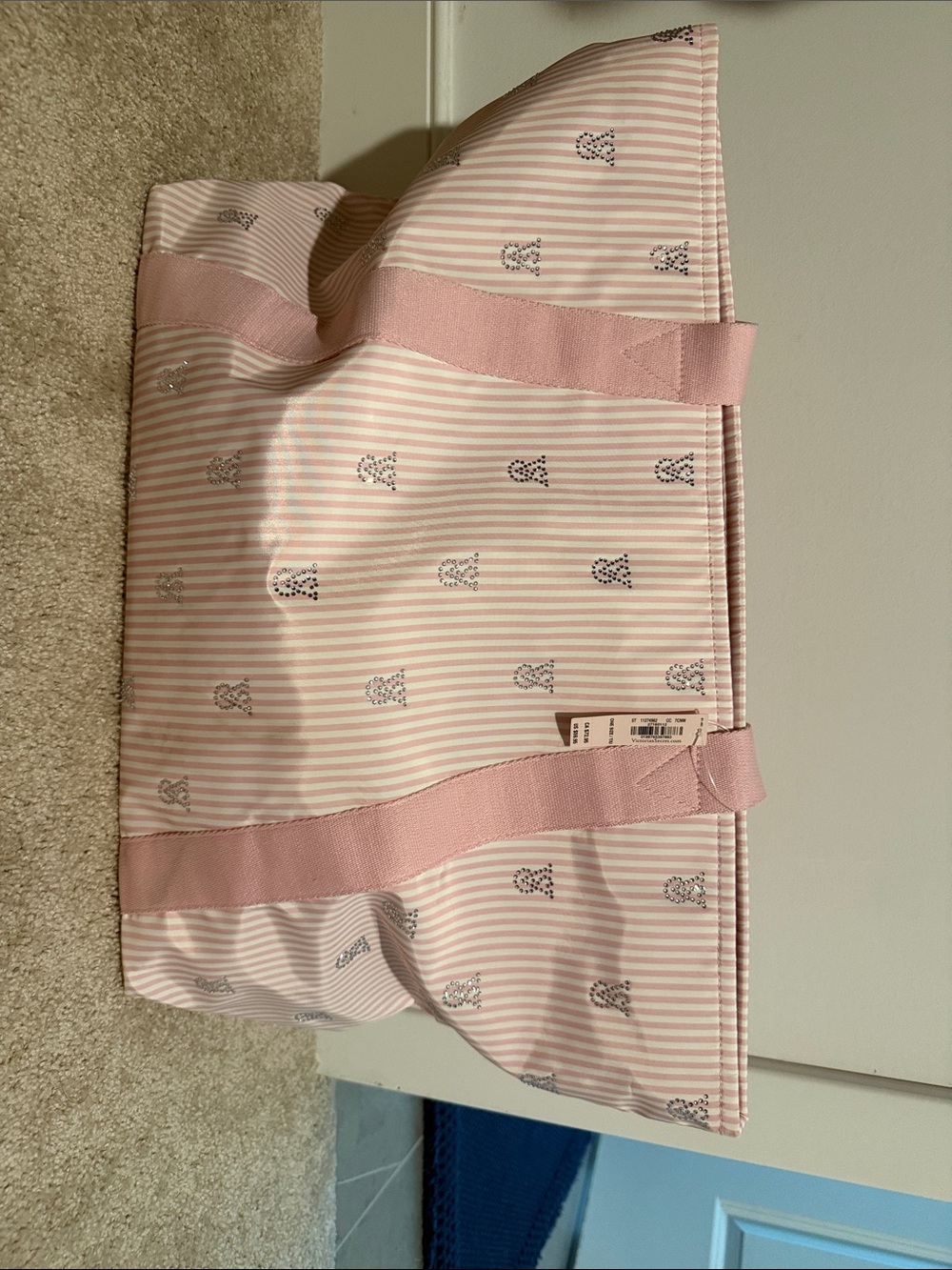 Victoria's Secret Pink and White Striped Tote with Crystal Logo Accents